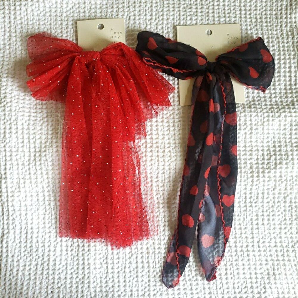 A New Day Valentine's Day Hair Bow Clip Lot of 2 Red Tulle Glitter Black Hearts